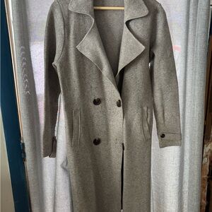 Sweater coat. Very warm. Grey w/belt & buttons. Long.